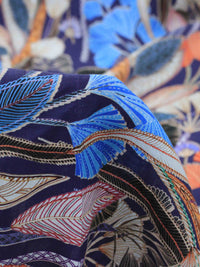 Tecido Linho Misto Italiano Flores Coloridas e Azul Marinho