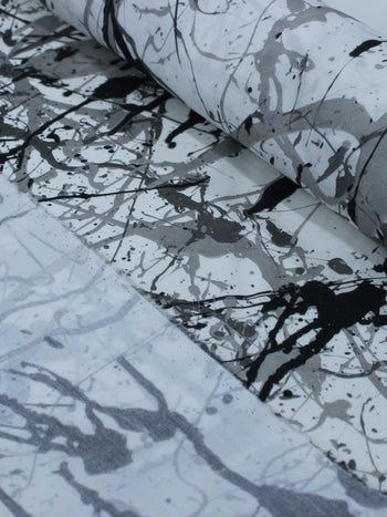 Tecido Crepe Italiano Respingos Abstratos Preto e Cinza