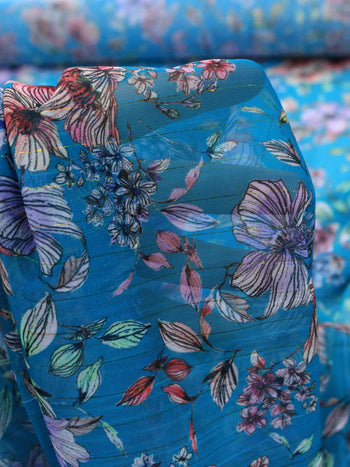 Tecido Crepe Chiffon Italiano com Lurex Floral Azul