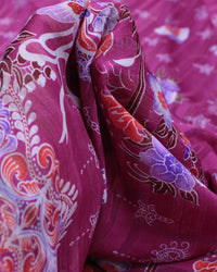 Tecido Crepe Chiffon Brocado Barrado Floral e Arabescos Colorido e Roxo