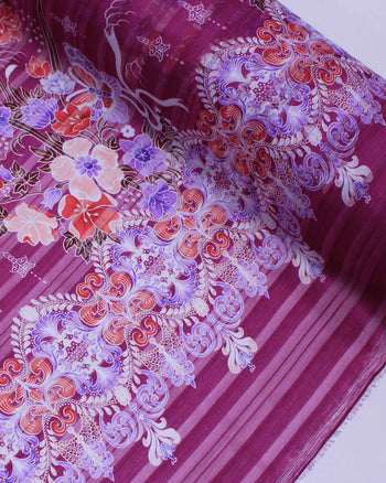 Tecido Crepe Chiffon Brocado Barrado Floral e Arabescos Colorido e Roxo