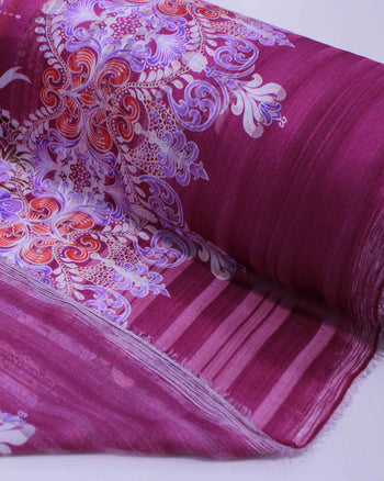 Tecido Crepe Chiffon Brocado Barrado Floral e Arabescos Colorido e Roxo