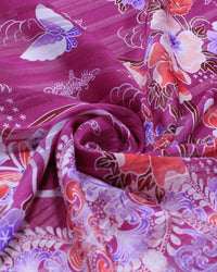 Tecido Crepe Chiffon Brocado Barrado Floral e Arabescos Colorido e Roxo