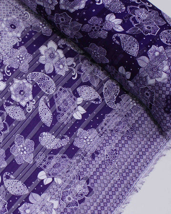 Tecido Crepe Chiffon Brocado Barrado Duplo Floral e Geométrico Branco e Roxo