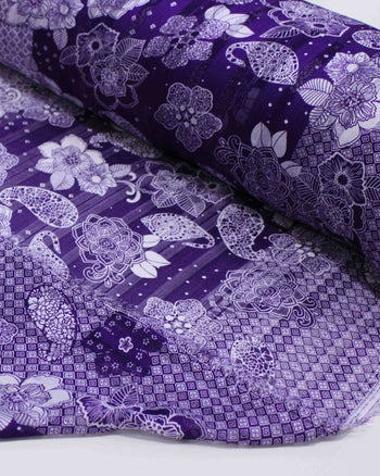 Tecido Crepe Chiffon Brocado Barrado Duplo Floral e Geométrico Branco e Roxo