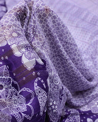 Tecido Crepe Chiffon Brocado Barrado Duplo Floral e Geométrico Branco e Roxo