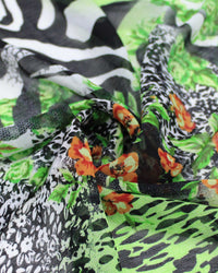 Tecido Crepe Chiffon Italiano Multi Estampa Preto e Tons de Verde