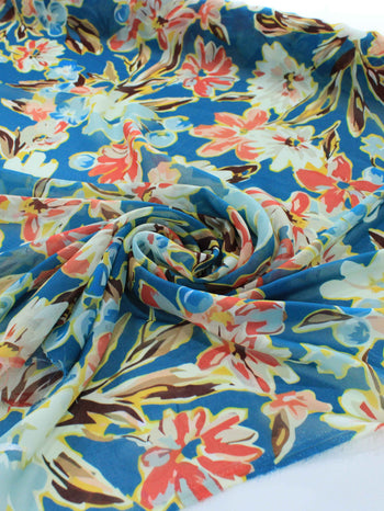 Tecido Crepe Chiffon Italiano Flores Coloridas e Azul Petróleo