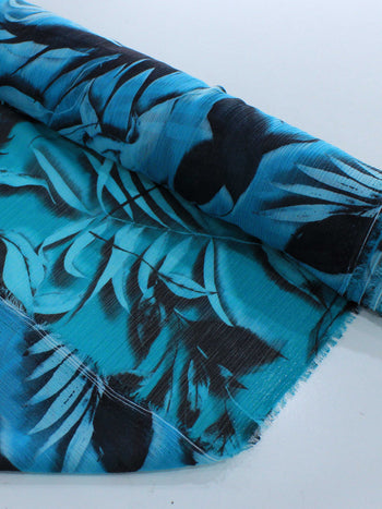 Tecido Crepe Chiffon Texturizado Italiano Folhagens Verde Tiffany e Preto