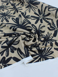 Tecido Viscose Acetinada Italiana Macro Flores Abstratas Preto e Bege