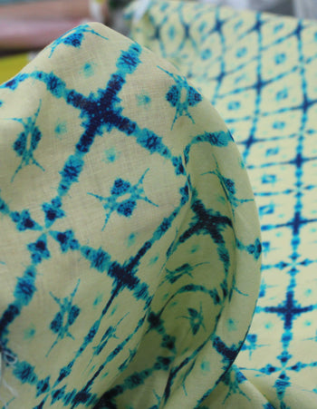 Tecido Linho Puro Italiano Chevron Abstrato Amarelo e Azul