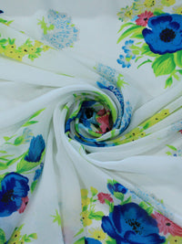 Tecido Crepe Chiffon Buque Flores Azul e Branco