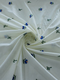 Tecido Cambraia de Algodão Bordada Mini Flor Azul, Verde e Offwhite